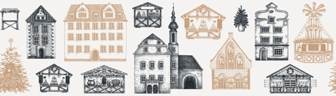Vintage Christmas banner. Vintage houses seamless pattern. Christmas fair border. City architecture sketch, hand-drawn vector illustration. NOT AI generated
